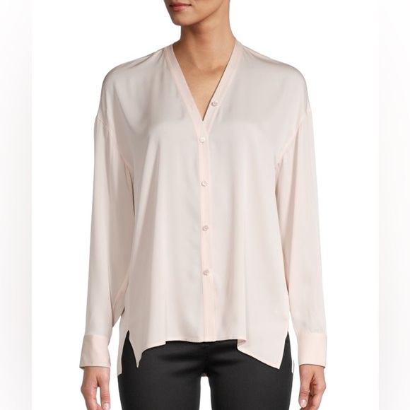 VINCE Trapunto Blush Pink Peach Stretch Silk Button Down Blouse - M - Picture 1 of 13